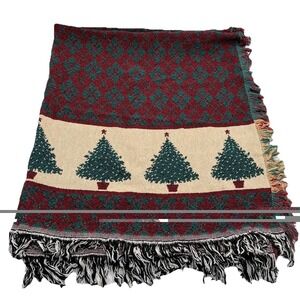 Vintage Fieldcrest Christmas Throw 50x60 in Cotton Woven Blanket Trees USA NOS